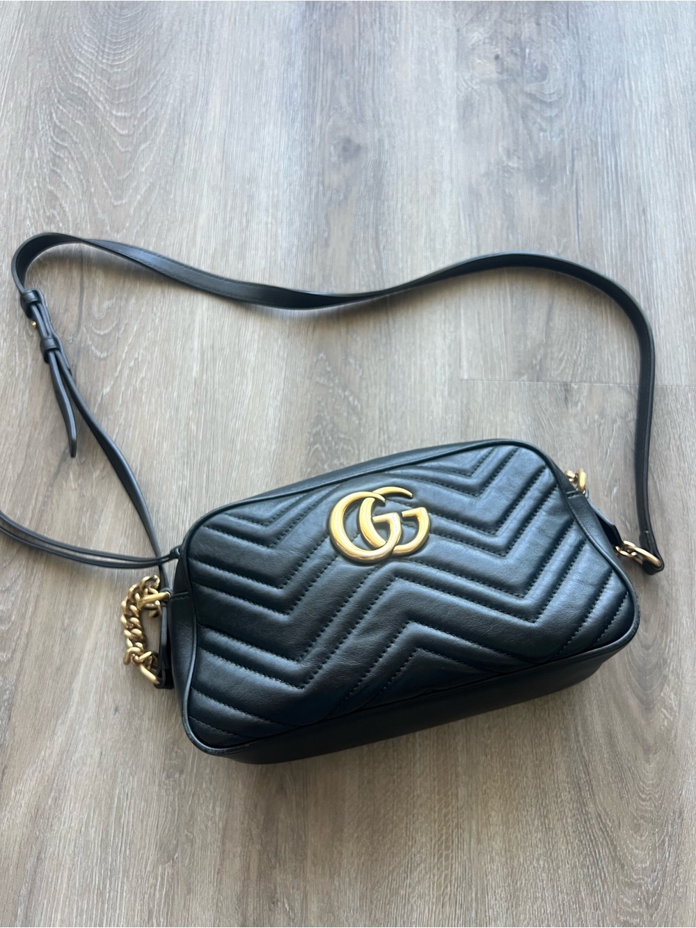 Gucci Black Quilted GG Marmont Crossbody Bag with Gold Hardware